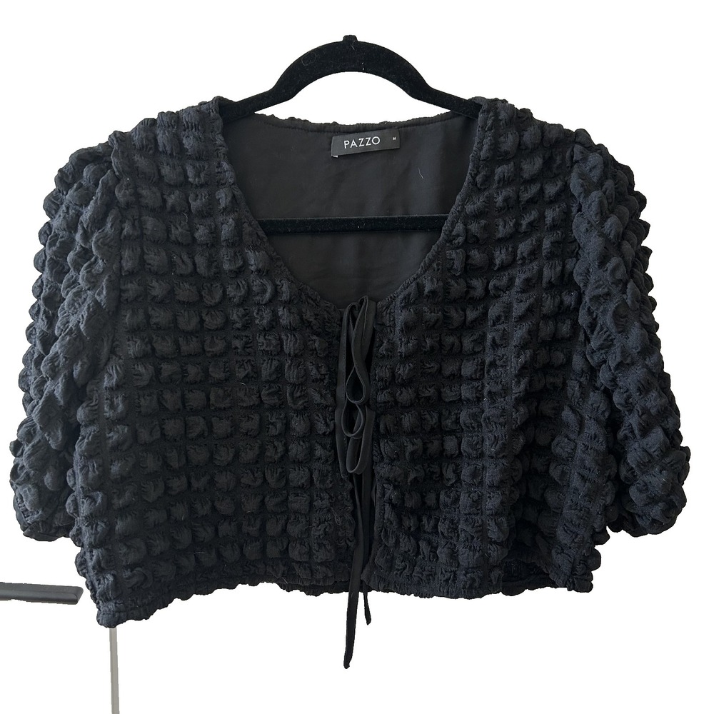 Pazzo Women Black Short Sleeves Puffy Popcorn Cropped Blouse M Grunge Whimsygoth